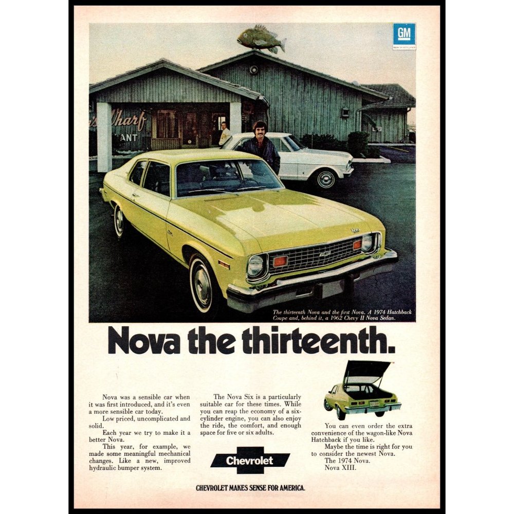 1974 Chevy Nova Hatchback Coupe Vintage Print Ad Wharf Fish House Restaurant Art